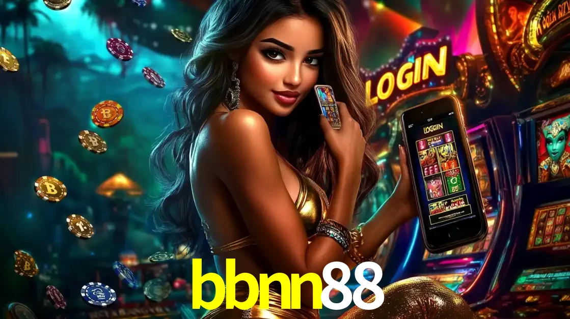 Mulher em um cenário de cassino temático de aventura, mostrando o app de caça-níqueis da bbnn88 no celular. Fichas de apostas flutuam ao redor.